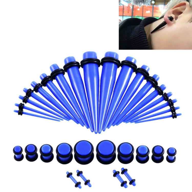 Acrylic ear expander set with blue and black plugs, plus 14G–00G stretchers