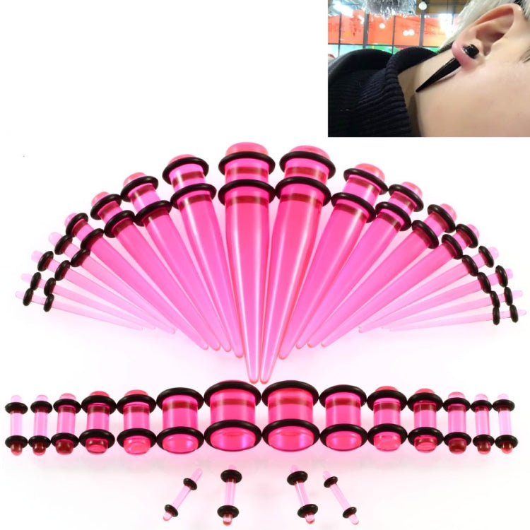 Pink acrylic ear expansion gauge set with matching black plugs and straight posts