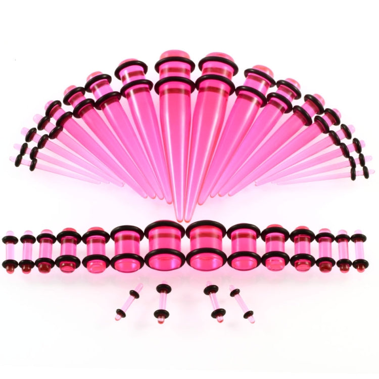 Pink acrylic ear extender set with multiple sizes, black rims, and posts