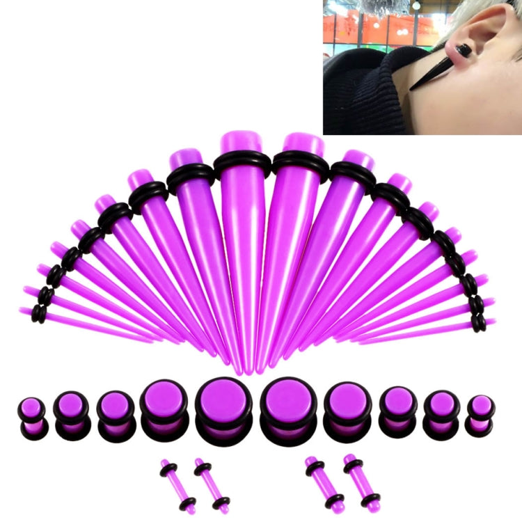 Purple acrylic ear extender set with multiple gauge sizes, black rims, and posts