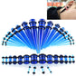 Blue acrylic ear expansion gauge set with black rims and straight insertion posts