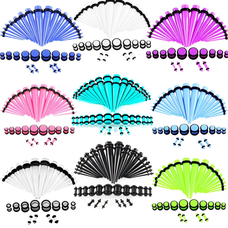 Acrylic ear expander set showing multiple color plugs and 14G–00G ear stretcher bars