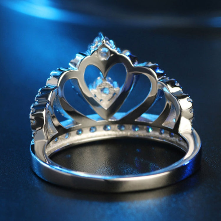 Platinum-plated zircon crown ring with heart-shaped openwork design