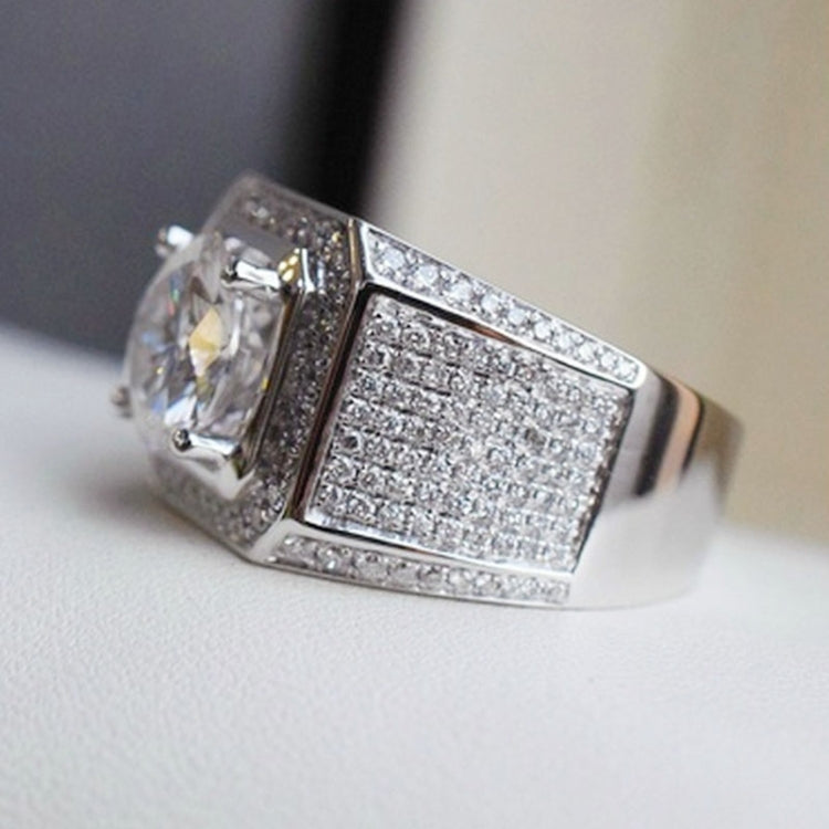 Silver micro-pave rhinestone ring with cushion-cut clear center stone and side sparkle