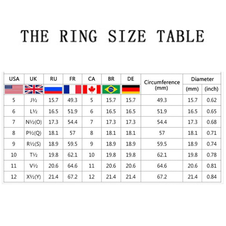 Ring size table showing USA sizes and corresponding diameter and circumference