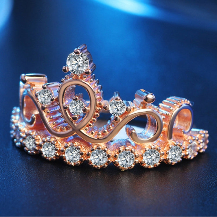 Rose gold crown-shaped zircon ring with center heart motif and clear sparkling stones