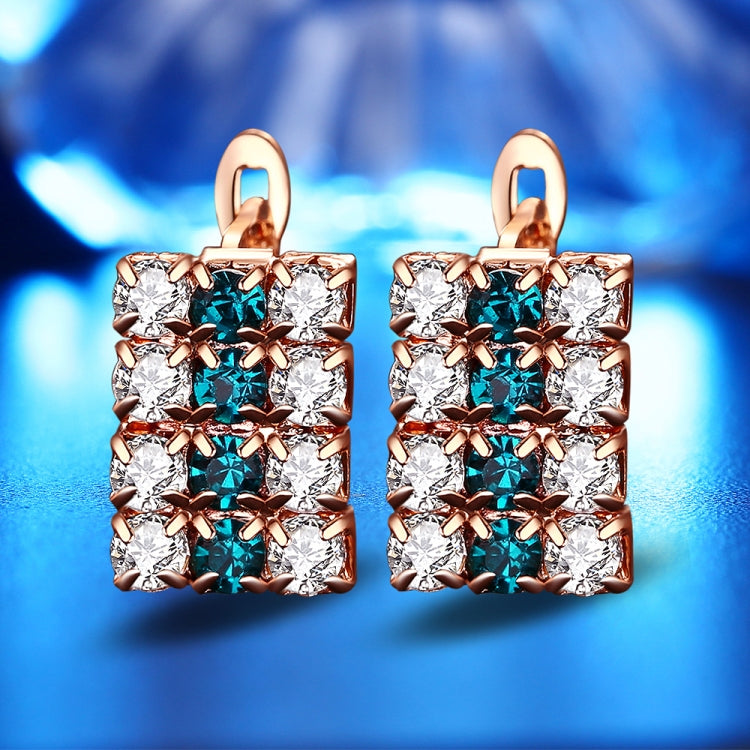 Pair of rectangle crystal stud earrings in rose-gold with white and blue stones