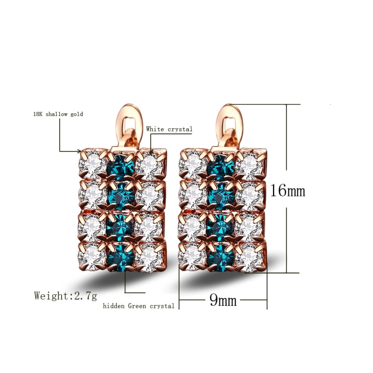 Rectangle crystal stud earrings with rose-gold setting and white and blue stones