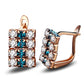 Rose-gold rectangle crystal stud earrings, front and side views, white and blue stones