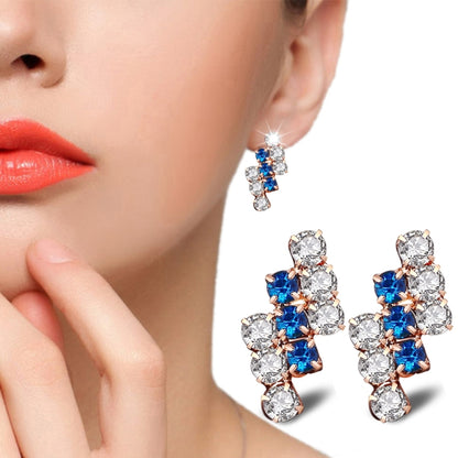Crystal cluster stud earrings with blue and clear stones in rose gold-tone setting