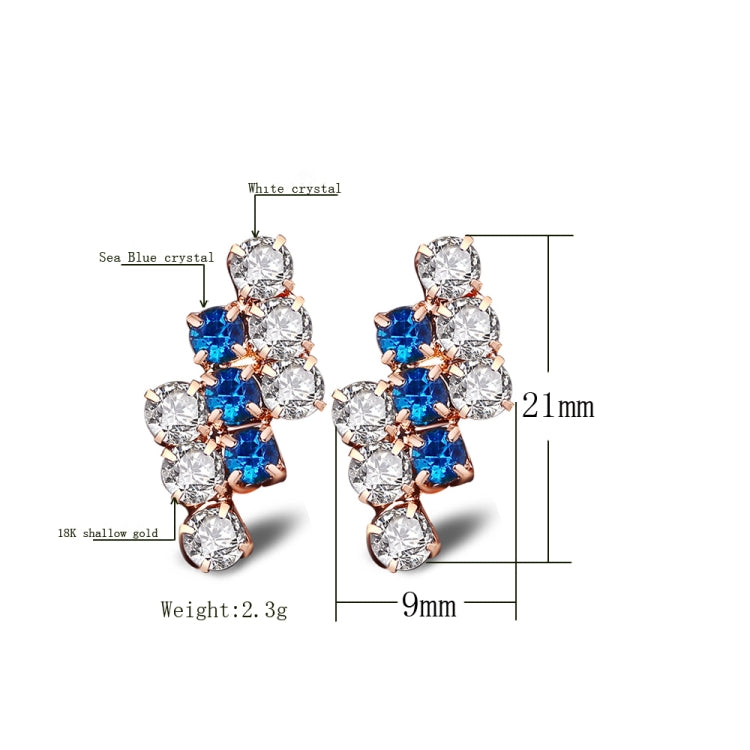 Blue crystal cluster stud earrings, 21mm x 9mm, rose gold-tone setting