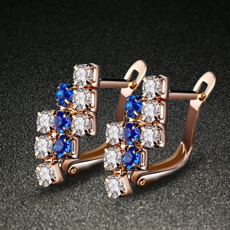 Rose gold-tone crystal cluster stud earrings with blue and clear stones
