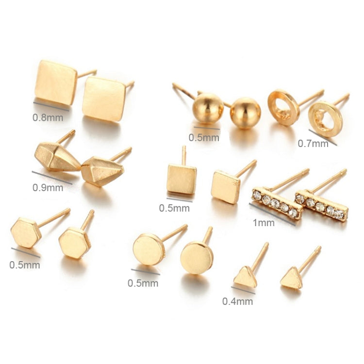 Gold-tone mix stud earrings set with square, round, and bar styles, nine pairs