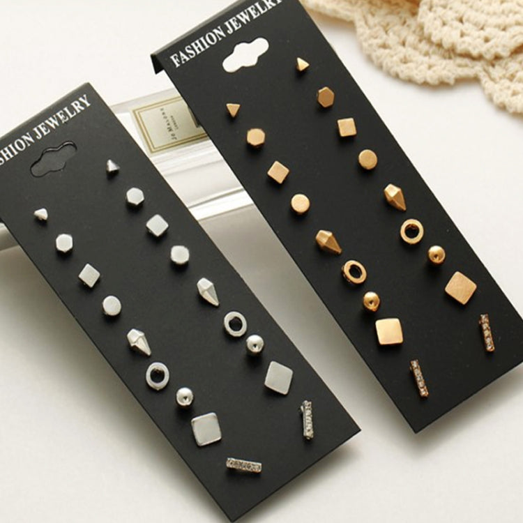 Assorted gold- and silver-tone stud earring sets, nine pairs per card, geometric shapes