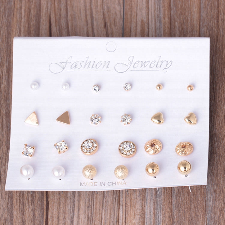 12-pair stud earring jewelry set on display card with silver, gold, and rhinestone designs