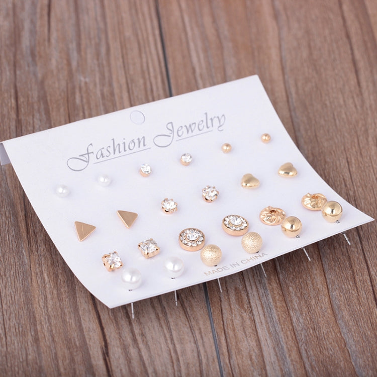 12-pair stud earring set card featuring assorted small round, triangle, pearl, and gold studs
