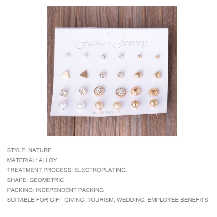 12-pair stud earring jewelry set on card with mixed geometric, pearl, and crystal-look studs