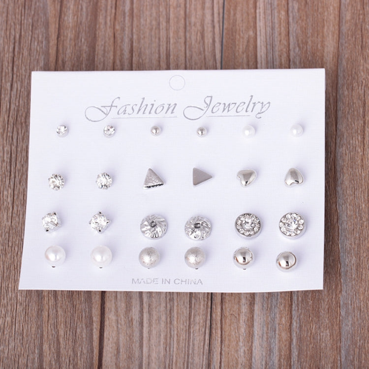 12-pair stud earring set on display card with silver round studs, crystals, and pearl-look beads