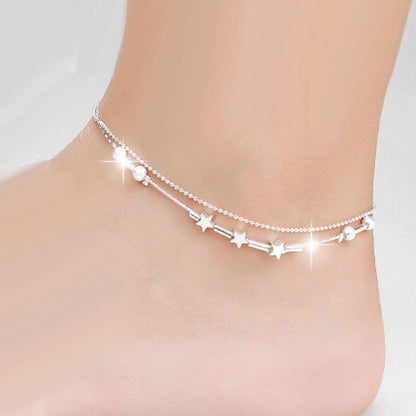 Silver-tone double anklet with star charms and round bead chain links