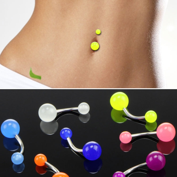 Fluorescent acrylic belly button ring with three lime-yellow balls on the navel