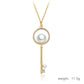 Gold circular pearl key pendant necklace with rhinestone halo and slim key charm