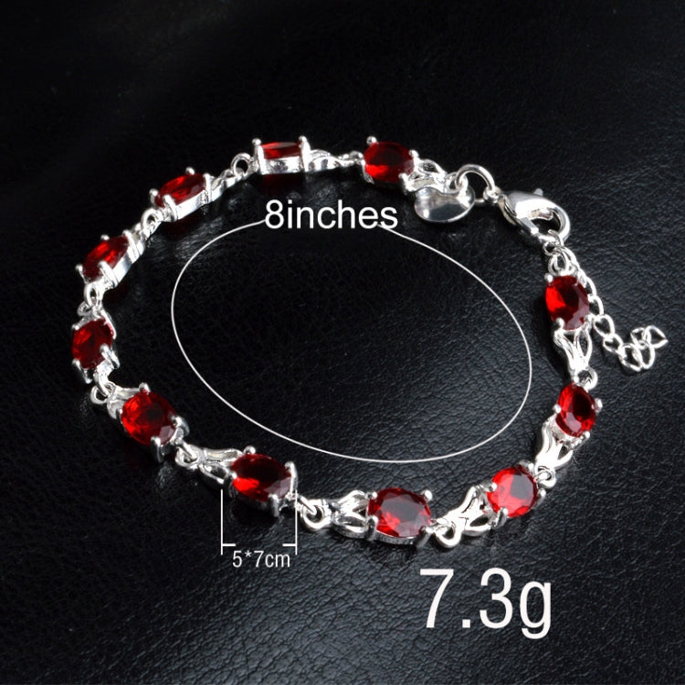 Silver bracelet with red oval stones, 8-inch length, 7.3g weight, inner size 5.7cm.