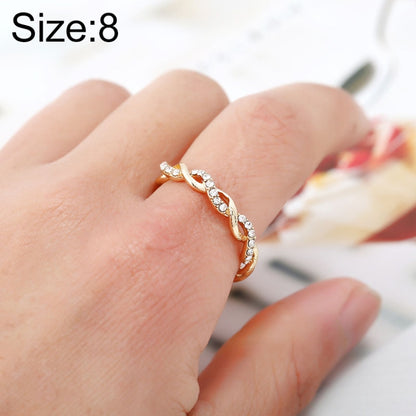 Gold twist ring with rhinestone accents, ladies band, US size 8
