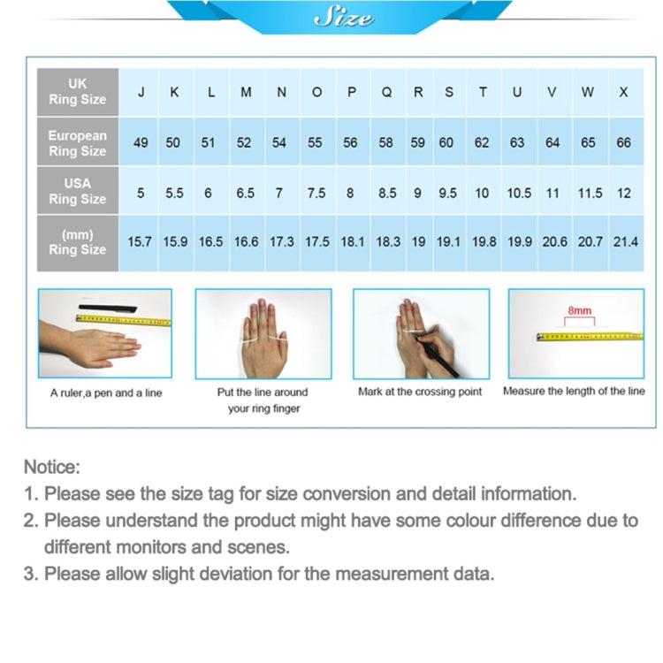 Ring size conversion chart with measuring guide, US size options and mm values
