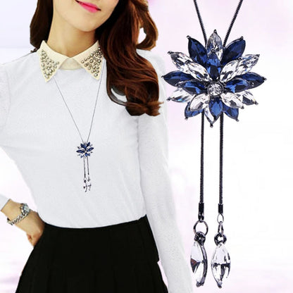 Blue flower rhinestone pendant necklace with long drop earrings, silver chain