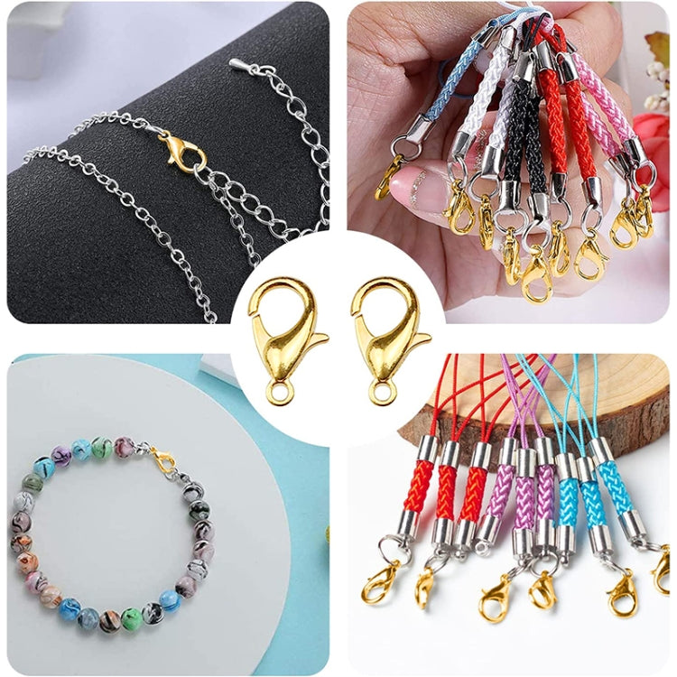 Assorted lobster claw clasps shown with chains and bracelets in multiple colors