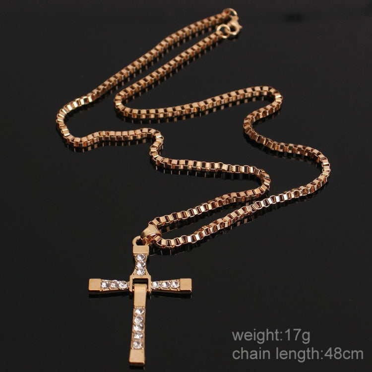Gold rhinestone cross pendant necklace with long chain