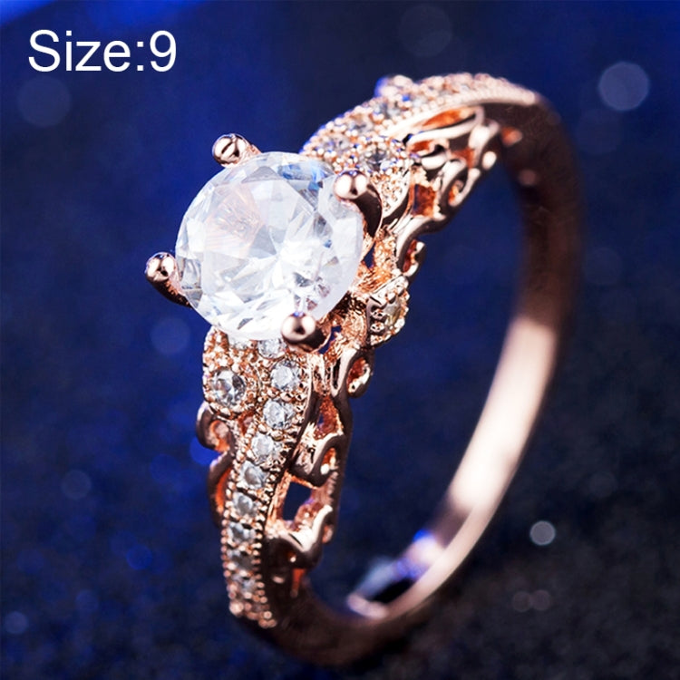 Rose gold engagement ring with round clear center stone and pavé band, size 9