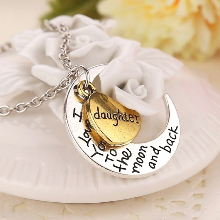 Silver and gold heart-and-moon pendant necklace with engraved front and back words