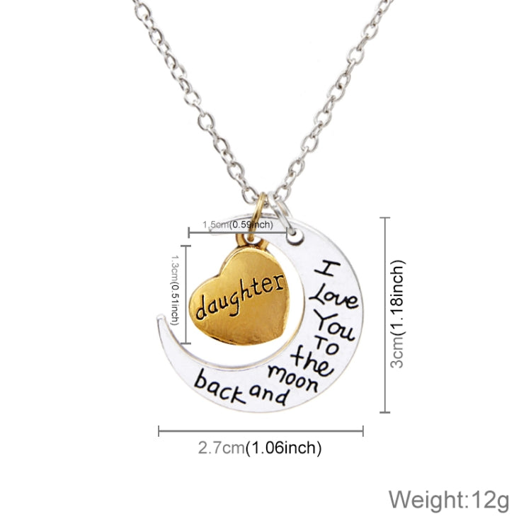 Half-moon pendant necklace with silver chain and gold heart, size diagram