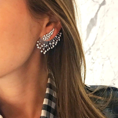 Silver rhinestone fan-shaped asymmetric stud earring on a woman’s ear