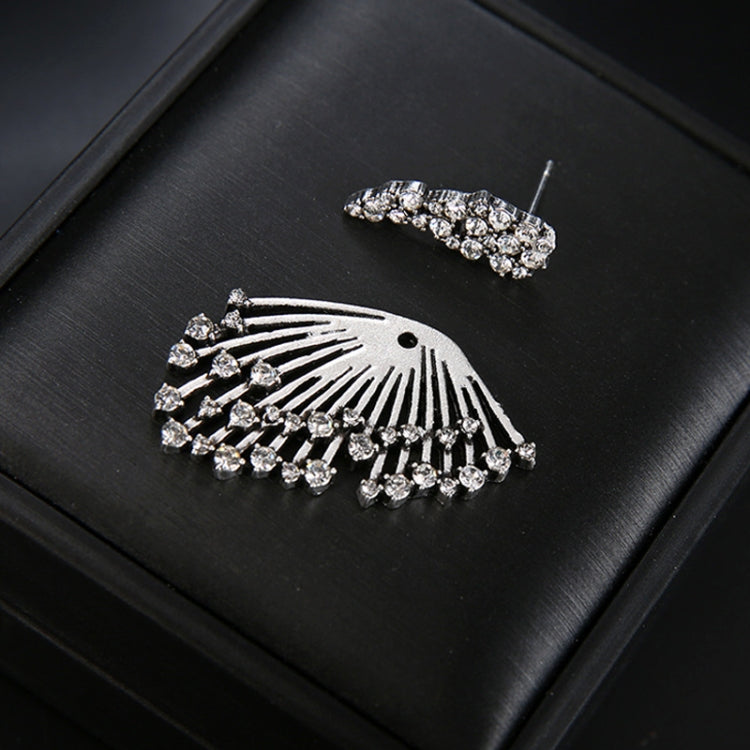 Silver rhinestone fan-shaped asymmetric stud earring with post back detail