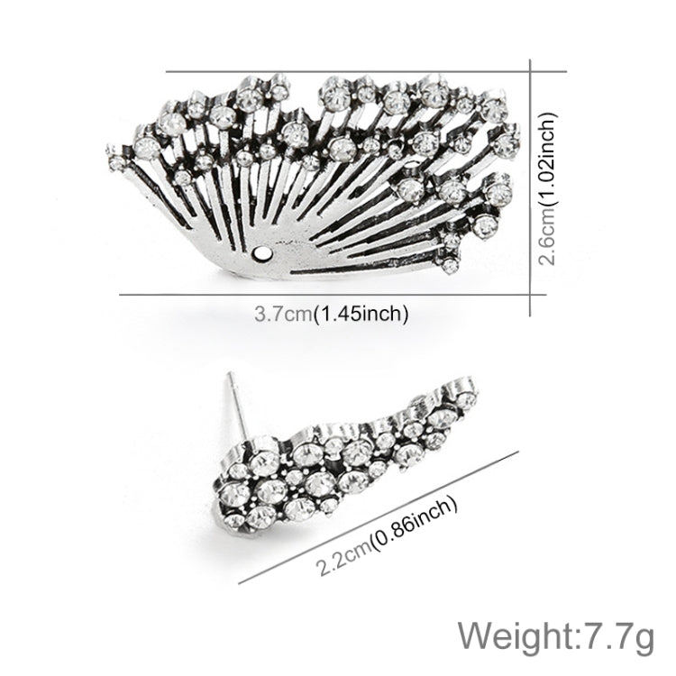 Silver rhinestone fan-shaped asymmetric stud earring, rounded fan design