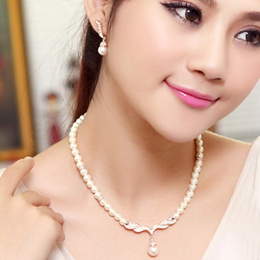 Gold-tone pearl bead choker necklace with teardrop pearl pendant and matching drop earrings