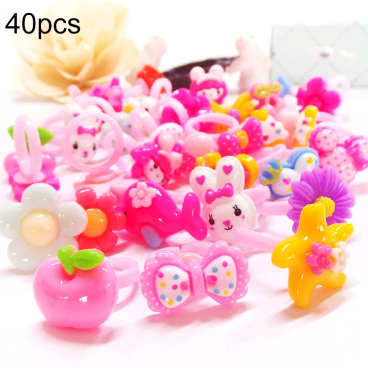 Colorful resin kids character rings set with flowers, hearts, bows, animal designs (40 pcs)