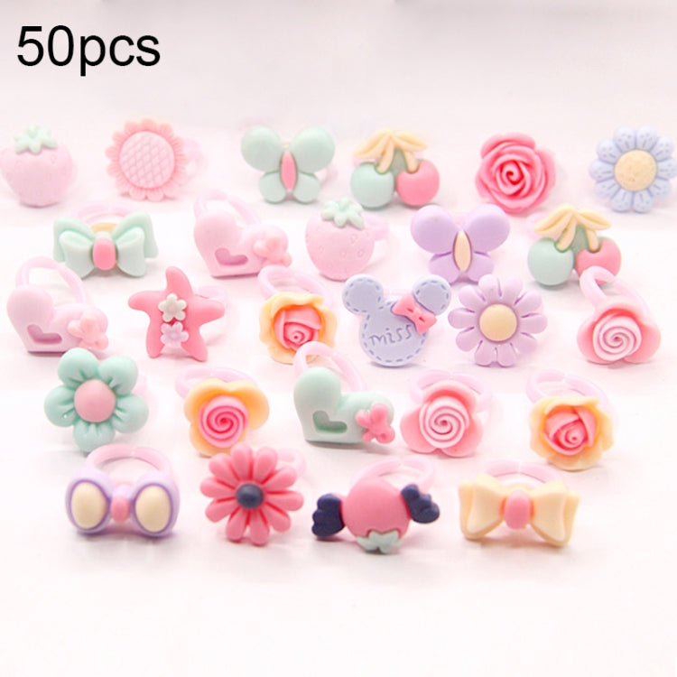 Set of frosted resin kids rings with cartoon flowers, hearts, bows, and animals—50 pcs