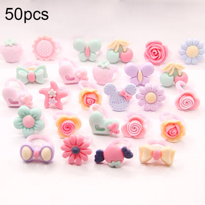 Set of frosted resin kids rings with cartoon flowers, hearts, bows, and animals—50 pcs