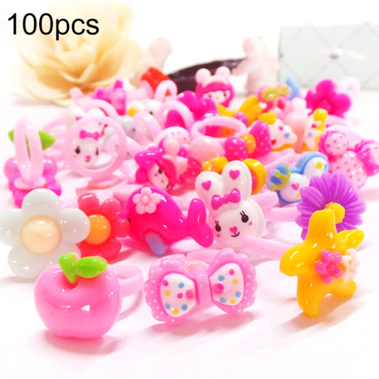 Children's resin cartoon ring set (100 pcs) with flower, animal, heart, and bow designs