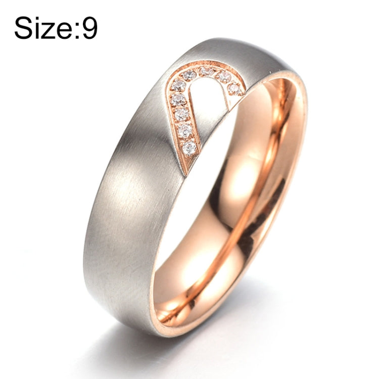 Two-tone stainless steel ring with rhinestone heart design, brushed V-style band, size 9