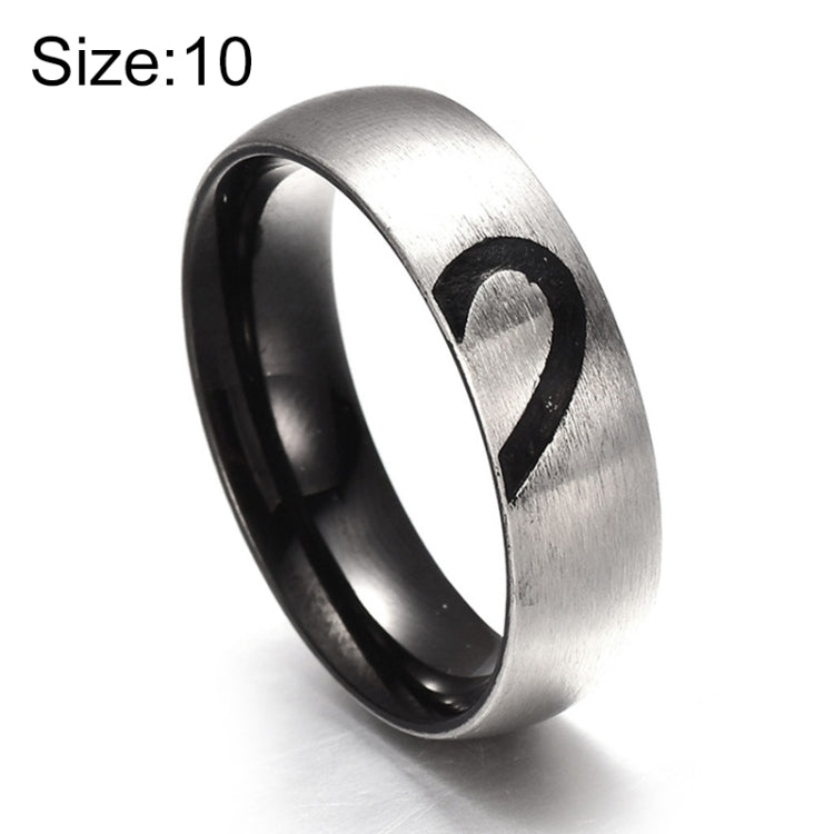 Silver titanium steel ring with black heart inlay, US size 10
