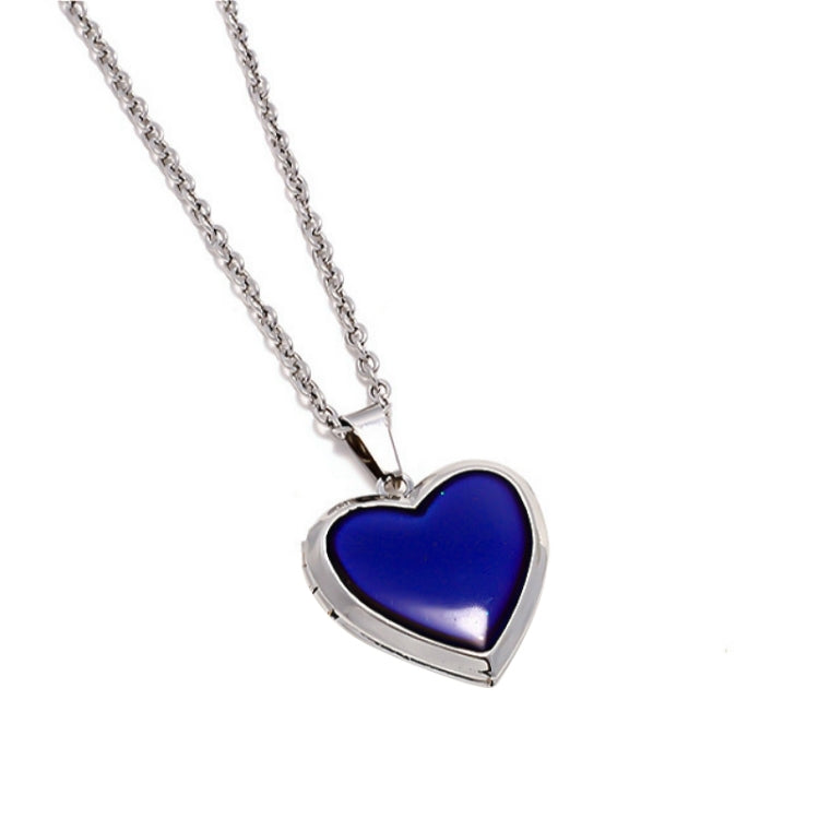 Blue heart locket pendant on silver-tone chain, heart-shaped frame