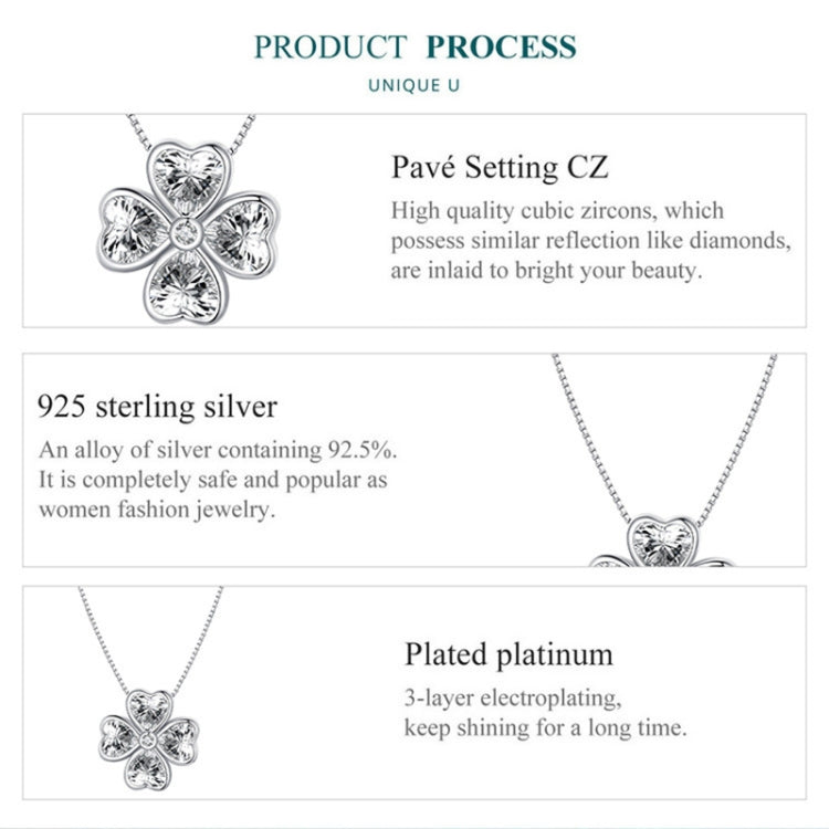 Lucky clover pendant necklace detail with pave-style stone setting and plating notes