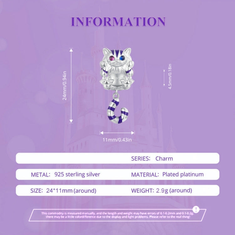 Cat charm pendant in silver with purple and blue striped details and loop ring