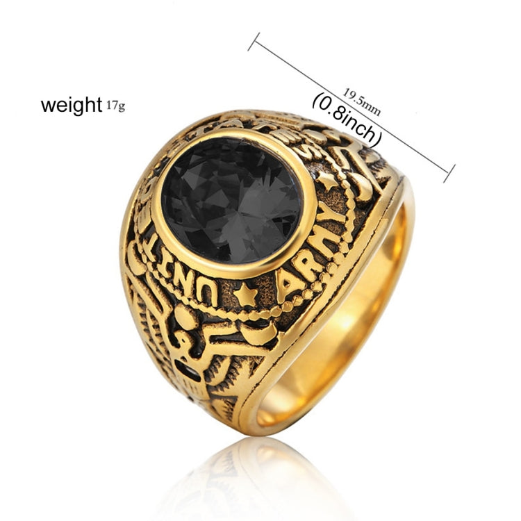 Gold-tone soldier emblem ring with black oval gemstone, with size and weight labels