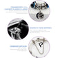 Close-up details of a silver-tone beaded charm bracelet with round blue and star charms