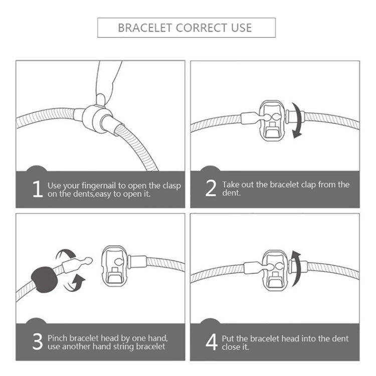 Illustrated steps for using a bracelet clasp: open and snap the end into place
